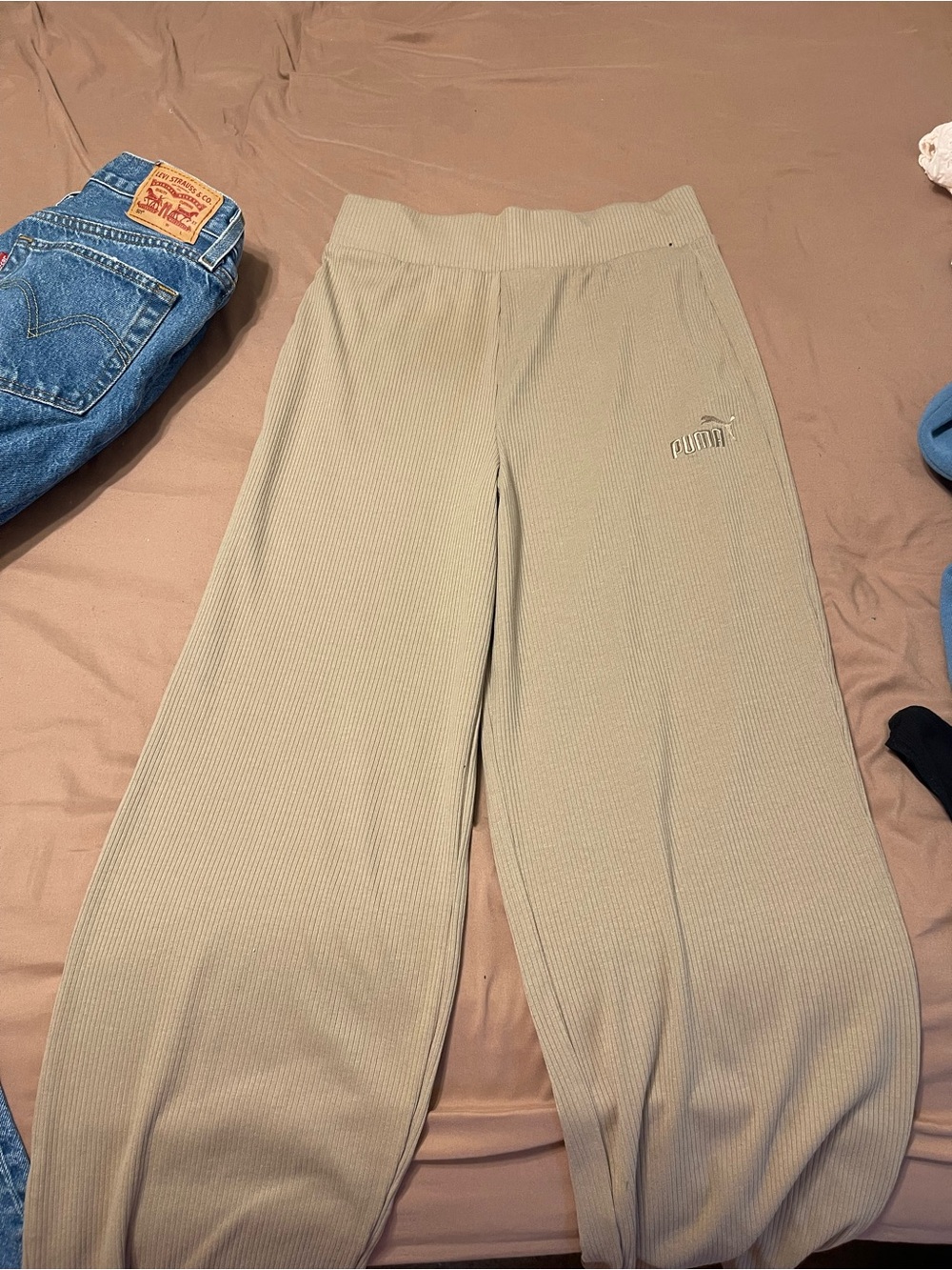 Puma Ribbed Wide-Leg Sweatpants in Light Tan